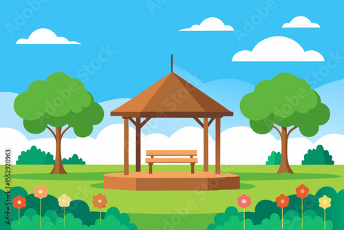 A charming cartoon village home with a garden, nestled in a summer landscape under a blue sky, illustrates rural nature