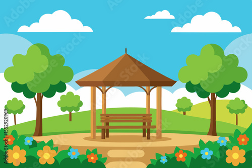 A charming cartoon village home with a garden, nestled in a summer landscape under a blue sky, illustrates rural nature