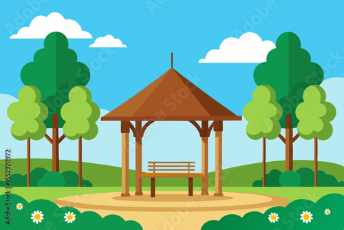 A charming cartoon village home with a garden, nestled in a summer landscape under a blue sky, illustrates rural nature