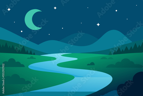 Night mountain landscape with clouds, a green meadow, and a vast sky