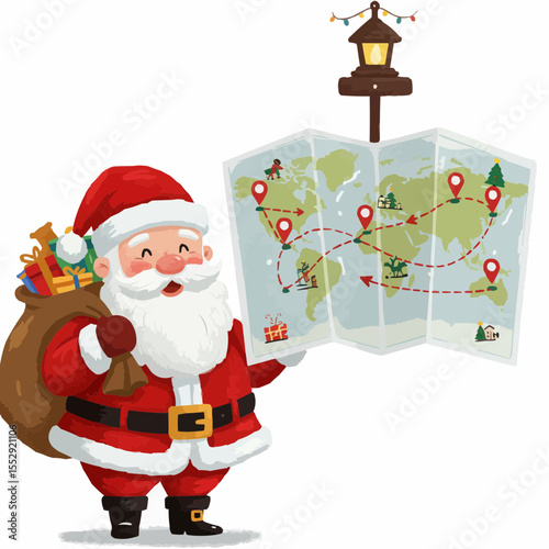 Santa Claus is preparing his gift delivery route on the world map with his gift sack.