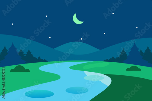 Night mountain landscape with clouds, a green meadow, and a vast sky