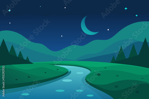 Night mountain landscape with clouds, a green meadow, and a vast sky