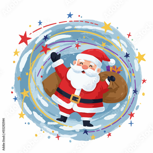 Santa Claus joyfully spreading Christmas cheer, carrying gifts. 