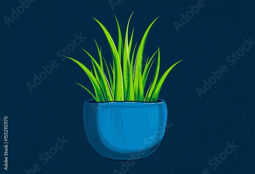 Whimsical cartoon grass tuft, bright green, sprouting from a dark blue hand-drawn pot, cartoon,  clipart