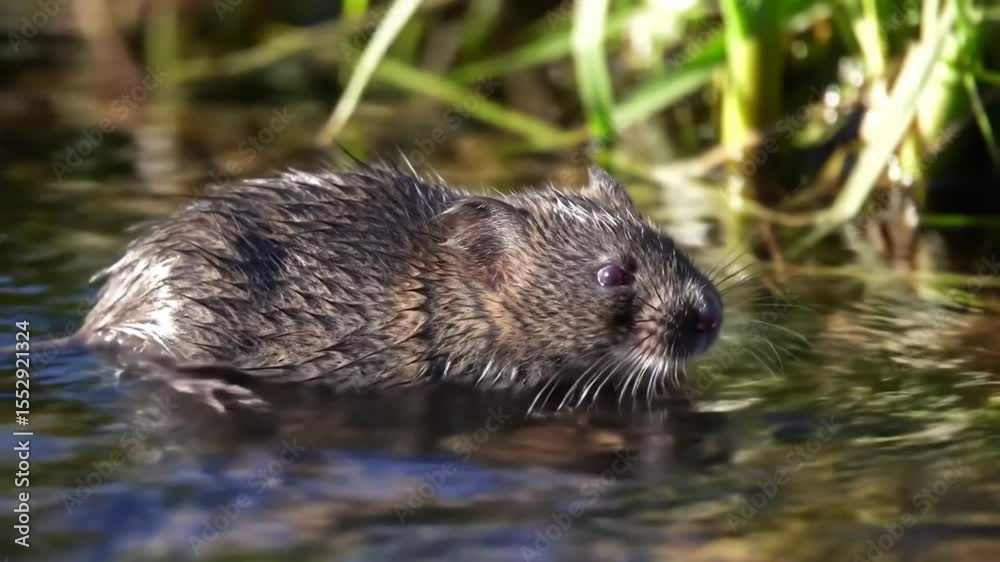 water vole swimming in stream, wildlife closeup water vole swimming in stream, wildlife closeup