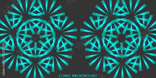 Geometric abstract pattern with glowing teal radial shapes on a dark background. Symmetrical and futuristic design ideal for tech and digital themes.