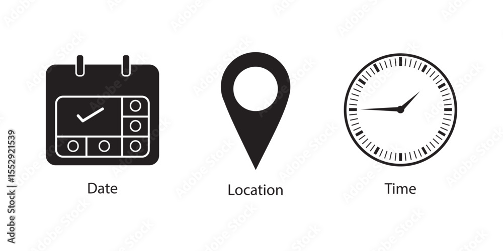 Fototapeta premium Time, Date, Address icons set. Event vector icons illustrations. Calendar, Location and clock icons isolated