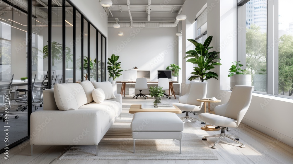 Fototapeta premium An inviting modern office space featuring a cozy arrangement of white furniture, lush plants, and large windows that enhance natural light and promote productivity.