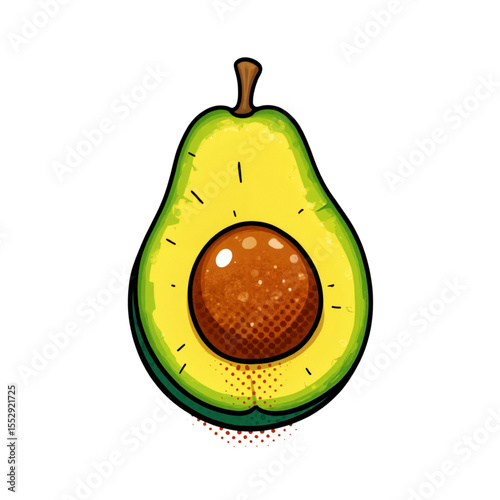 Juicy avocado half with big pit, vibrant green skin and speckled texture. This ripe avocado is perfect for healthy recipes, salads, and guacamole.  Avocado illustration ideal for food blogs