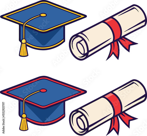 Graduation Celebration A Pair of Caps and Diplomas Symbolizing Academic Achievement and Success Perfect for Educational Designs and Commemorative Projects Representing the Culmination of Hard