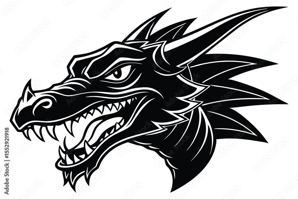 Naklejka premium A ferocious dragon head with sharp teeth is displayed in striking black monochrome