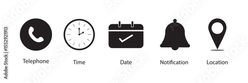 Phone, Email, Message, Envelope, Location, Pin, Map, Gps, Marker, Address, Time, Clock, Date, Calendar icon set. editable line icons. social media icons. vector