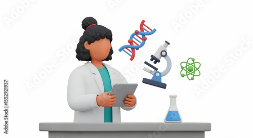 illustration of a female scientist working with DNA and lab equipment in a modern laboratory setting