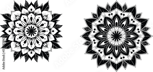 Two intricate floral mandala designs featuring leaf motifs, symmetrical patterns, and decorative elements