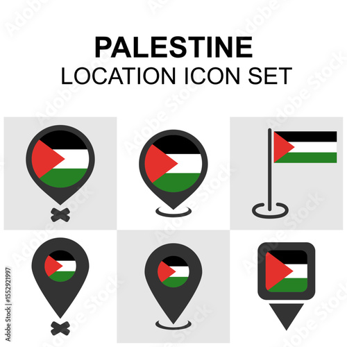 Palestine-themed location markers featuring the national flag. Suitable for cultural, educational, and geographic projects.