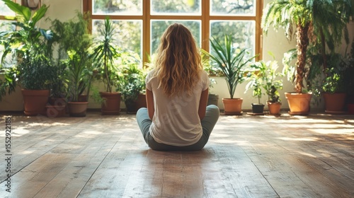 A serene woman sits in meditation among a variety of indoor plants, embracing tranquility and connection with nature in a bright, airy space. Free Download A serene woman sits in meditation among a variety of indoor plants, embracing tranquility and connection with nature in a bright, airy space. - GFXLoad