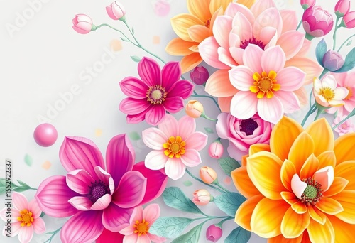 Whimsical pastel floral illustration with stylized blooms, soft color palette,  dreamy,  delicate