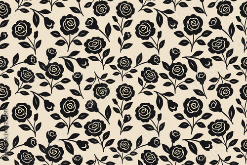 Charming black floral pattern on beige background, featuring symmetrical flowers and scattered leaves perfect for vintage-inspired fabric, stationery, or wallpaper.