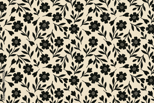 Charming black floral pattern on beige background, featuring symmetrical flowers and scattered leaves perfect for vintage-inspired fabric, stationery, or wallpaper.