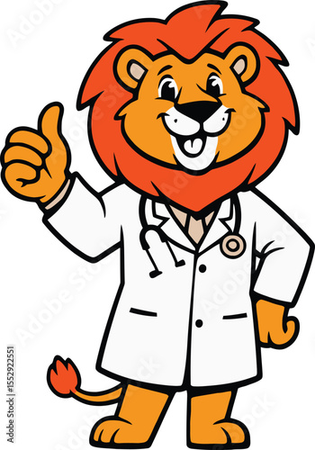 Cartoon lion mascot in a white lab coat giving a thumbs up, symbolizing healthcare, veterinary, or science.
