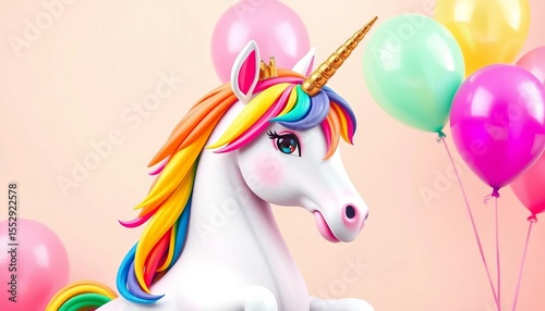 Whimsical unicorn, rainbow mane, colorful balloons, gold crown, pastel background, magic, colorful unicorn