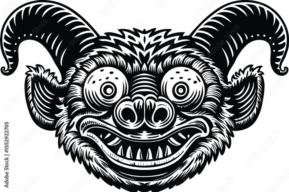 Obraz premium Monochrome mythical creature smiles with horns and sharp teeth, detailed ornate head is visible