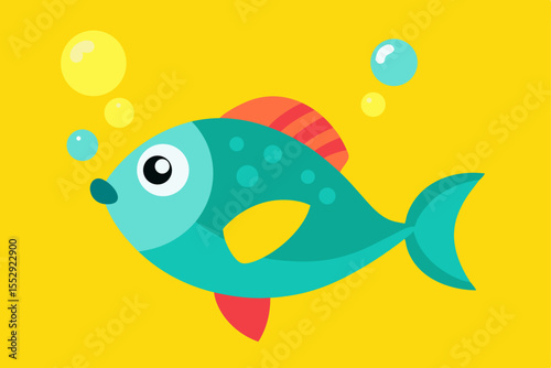A cute, colorful cartoon fish swims in the ocean, surrounded by bubbles