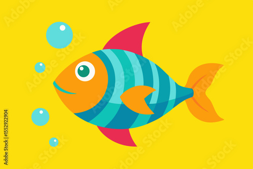 A cute, colorful cartoon fish swims in the ocean, surrounded by bubbles