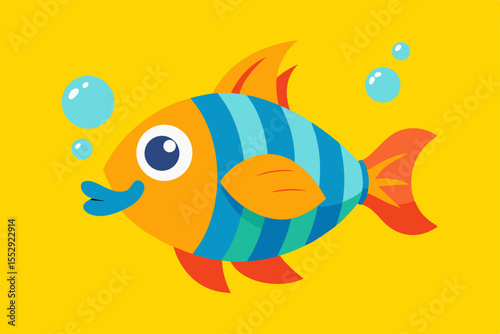 A cute, colorful cartoon fish swims in the ocean, surrounded by bubbles