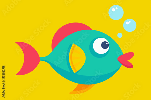 A cute, colorful cartoon fish swims in the ocean, surrounded by bubbles