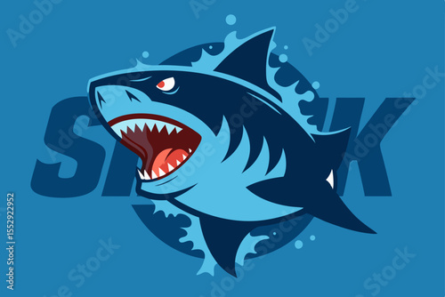 A cartoon shark with a big smile is isolated on white, a blue and grey marine predator swimming underwater with dangerous teeth and fins