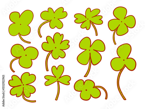 Hand Drawn Clover Leaf Collection. A lively collection of clover leaf icons featuring rounded sharp and irregular petal styles with playful red outlines. Perfect for lucky charm themes seasonal decor