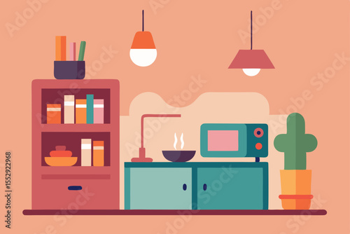 Vector illustration set of modern home interior designs with furniture icons, including living room, kitchen, office, and bedroom decor