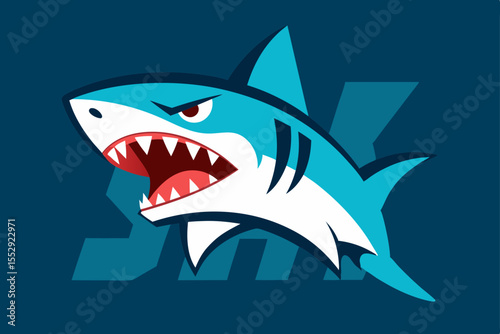 An angry cartoon shark head vector illustration with sharp teeth swimming in the blue ocean