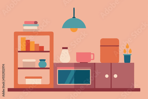 Vector illustration of a room interior with various furniture designs like a bookshelf, desk, chair, and lamp, suitable for home or office