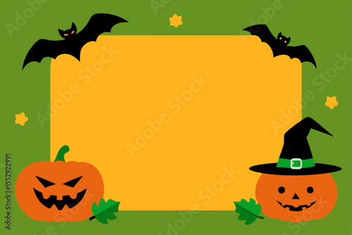 Spooky Halloween frame with a cartoon pumpkin, bats, and a black cat illustration, perfect for an autumn holiday celebration