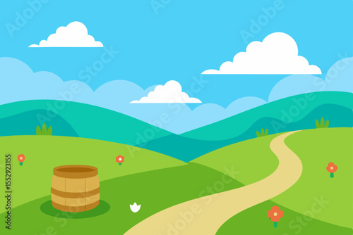 Vector illustration of a serene rural landscape with green hills, trees, and a clear sky, capturing the essence of nature's summer beauty