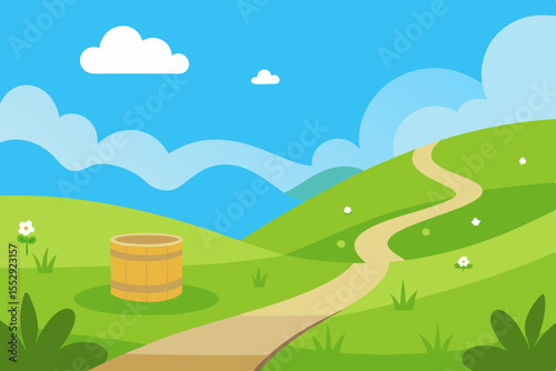Vibrant summer landscape vector with a winding road through green fields, under a blue sky with fluffy clouds and distant mountains
