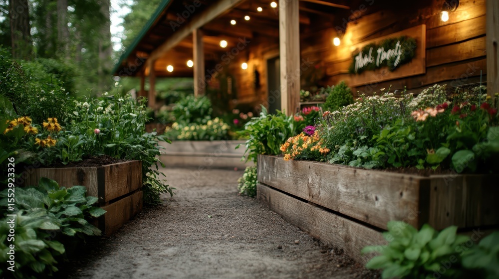 Fototapeta premium A beautiful garden path flanked by colorful flowers and illuminated by warm lights leading up to a cozy wooden home, creating a serene and inviting atmosphere.