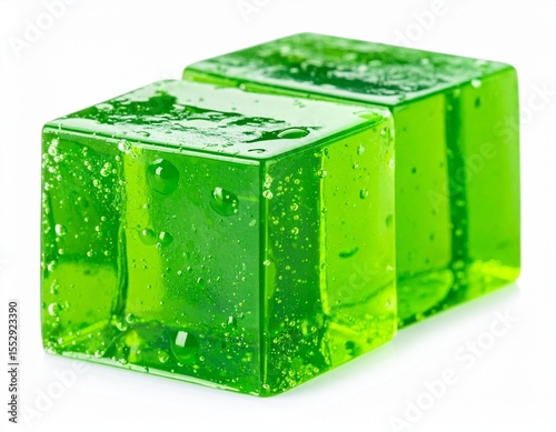 Glossy green jelly cubes with bubbles, isolated on white 
