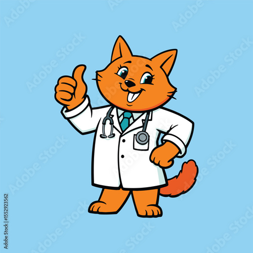 Friendly cartoon cat doctor giving thumbs up.