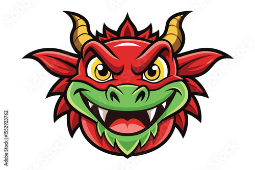 Cartoonish red dragon head displays yellow eyes and gold horns with a toothy grin