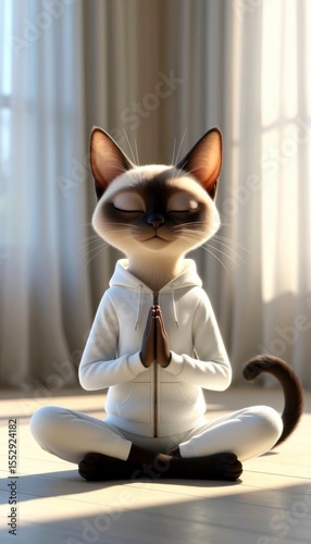A cartoon Siamese cat in a white hoodie sits cross-legged, eyes closed, in a meditative pose. Soft light filters through sheer curtains, creating a calm atmosphere.