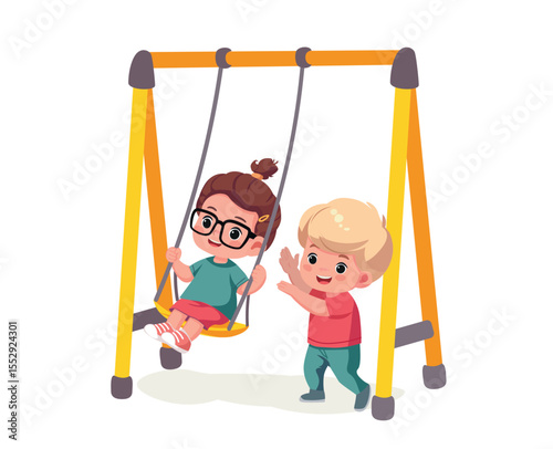 happy cute little kid boy and girl playing on a swing cartoon vector illustration