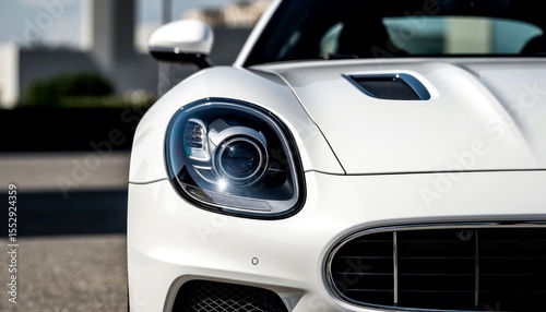 Close-up of a sleek white sports car with a modern design. The headlight features a circular shape and intricate detailing. The background is blurred, emphasizing the car.