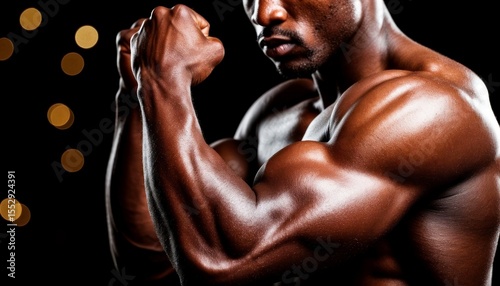A muscular African man flexes his biceps against a dark background with soft bokeh lights. The focus is on his defined muscles and strong physique.