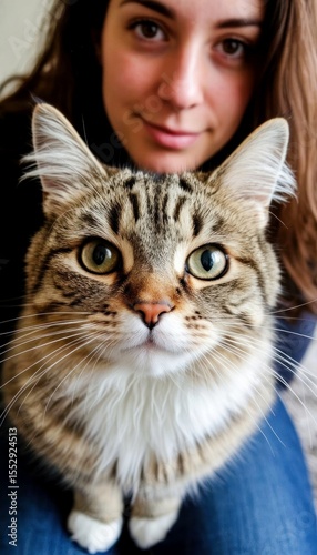 A young Caucasian woman with long brown hair poses closely with a fluffy tabby cat. The cat has striking green eyes and a white chest.