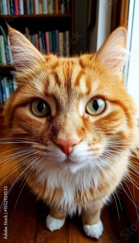 Close-up of a fluffy orange tabby cat with large green eyes and a white chest. The cat is sitting indoors near a window with bookshelves in the background.