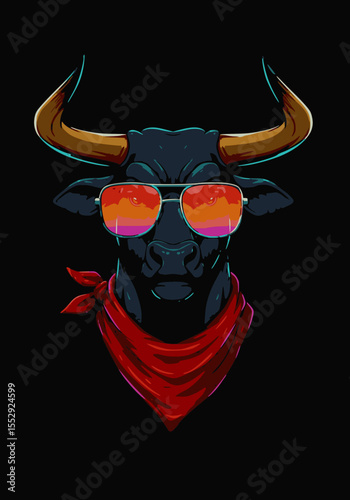 A cool bull with orange-red reflective sunglasses and a red bandana on a black background.